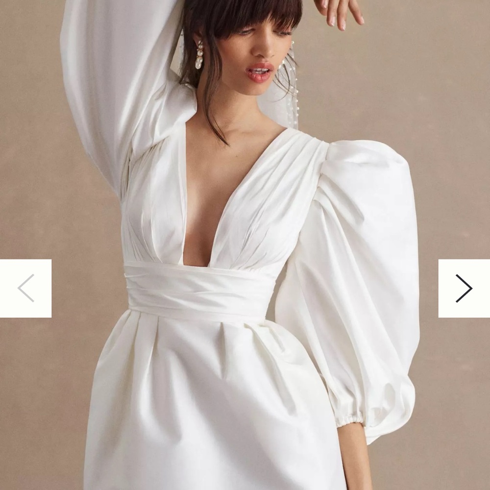 NWT Watters Meringue Radiant Taffeta V-Neck Balloon-Sleeve Mini Dress - Picture 3 of 7